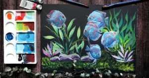 Aquarium et ses poissons à la gouache